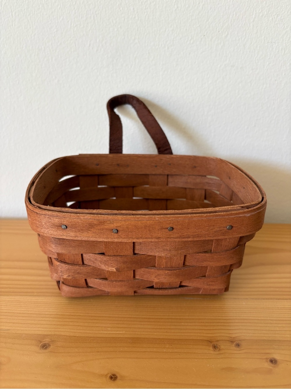 Vintage Longaberger Small Key Basket Wall Hanging Key Basket Leather Loop